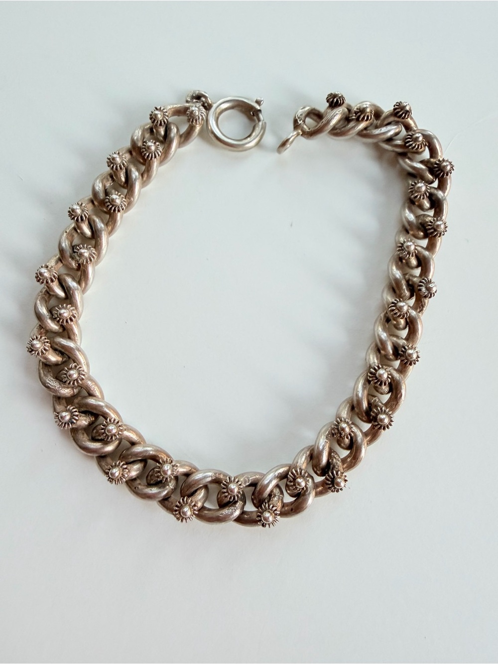 High profile flower link chain bracelet sterling silver